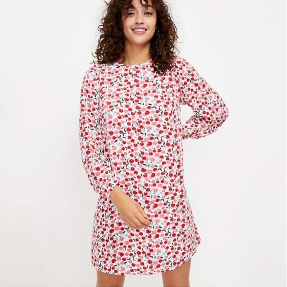 LOFT White Mini Dress with Red Cherry Print